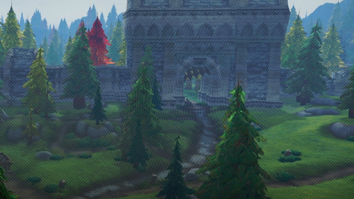 Screenshot from Patch 11.1.7 highlighting a fortress nestled within a lush, vibrant green forest.