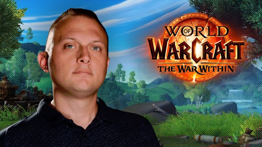 The War Within logo displayed prominently alongside Ion Hazzikostas, with a Warband-themed World of Warcraft background showcasing key art and characters from the upcoming expansion.