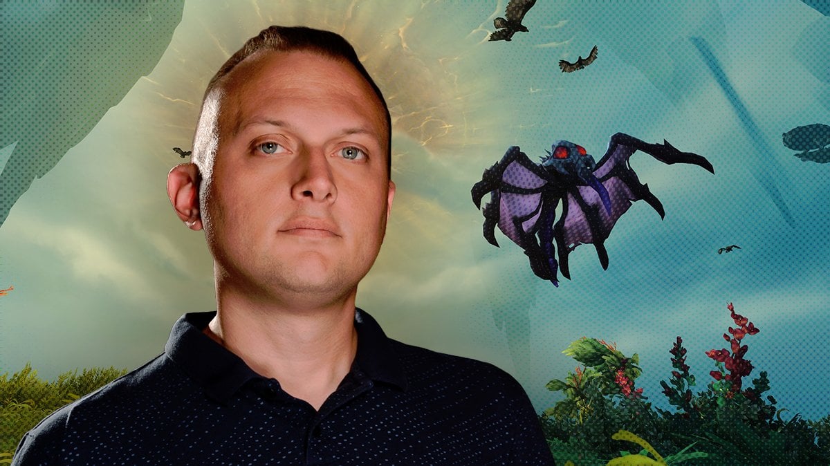 Ion Hazzikostas standing before a screenshot of The War Within patch 11.1.5 featuring a flying Nerub.