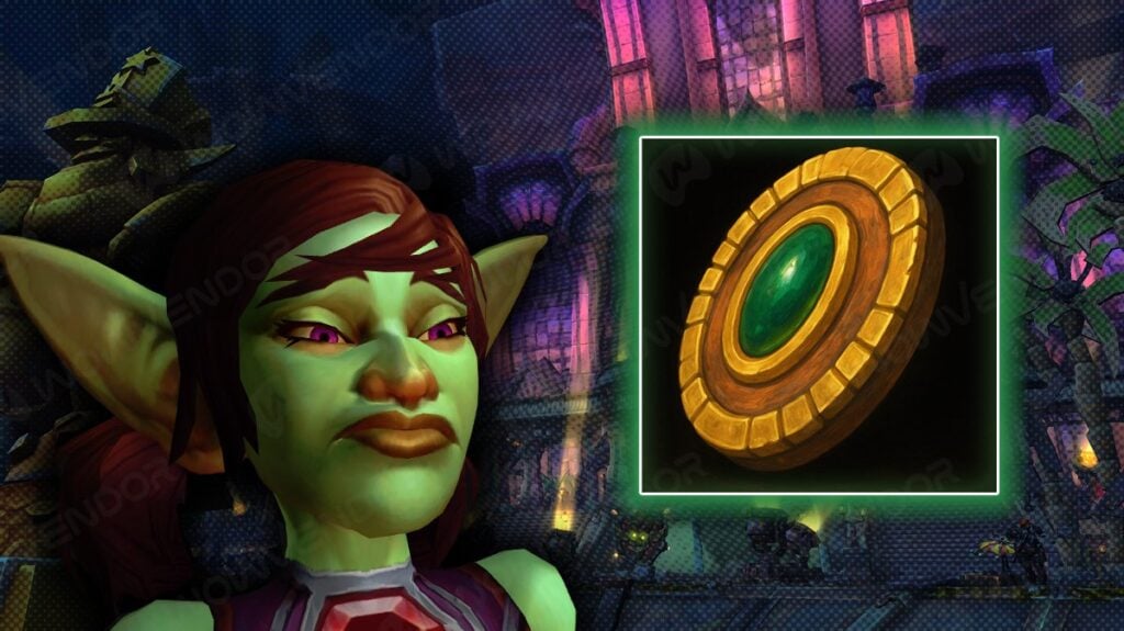 Disappointed goblin character from WoW reacts to a Puzzling Cartel Chip (Dinar) icon, highlighting frustration over no catch-up system in The War Within.