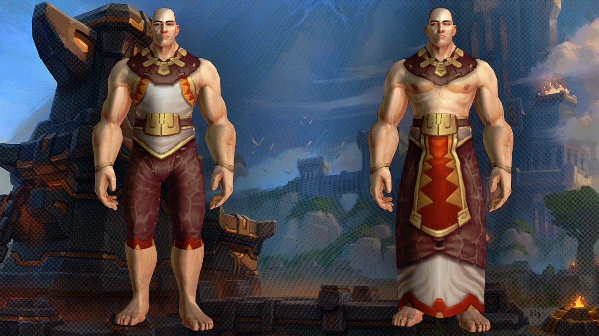 Golden Fleet’s Sailing Garb from BfA Timewalking transmog sets in Patch 11.1.7, showing tunic and kilt variants on a Zandalari-inspired model.