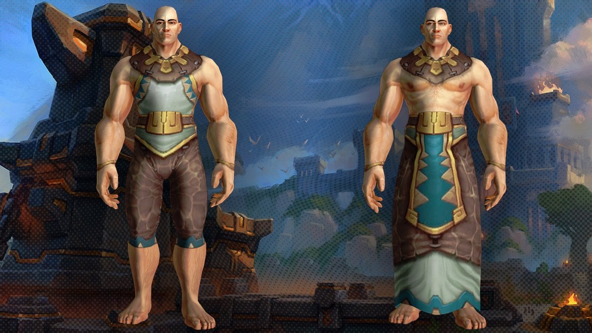 Zocalo Merchant's Wear from BfA Timewalking transmog sets in Patch 11.1.7, showing tunic and kilt variants on a Zandalari-inspired model.