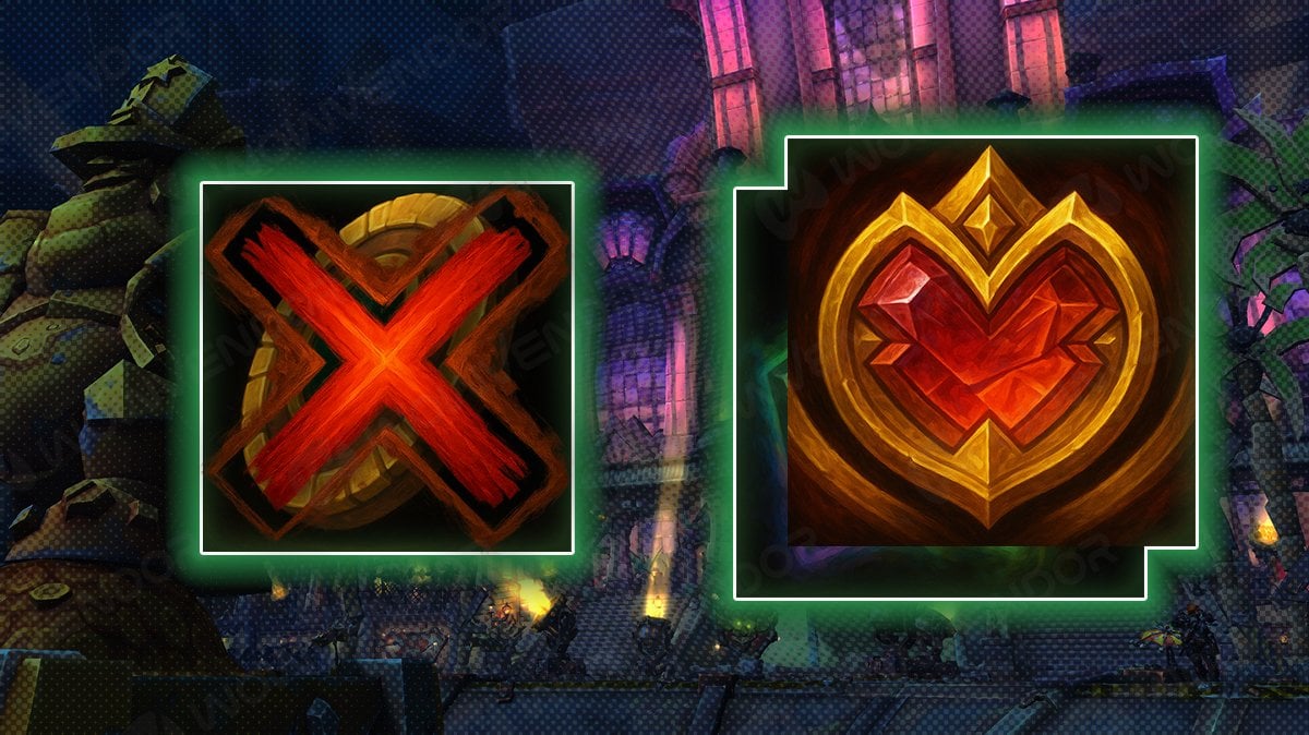 Visual comparison showing a crossed-out Puzzling Cartel Chip (Dinar) on the left and a red Crest icon on the right, highlighting the lack of catch-up for Dinars in contrast to other upgrade currencies in WoW: The War Within.