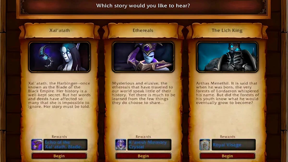 WoW Lorewalking 11.1.7 beginning screen with 3 options to chose: Xal'atath, Ethereals and The Lich King