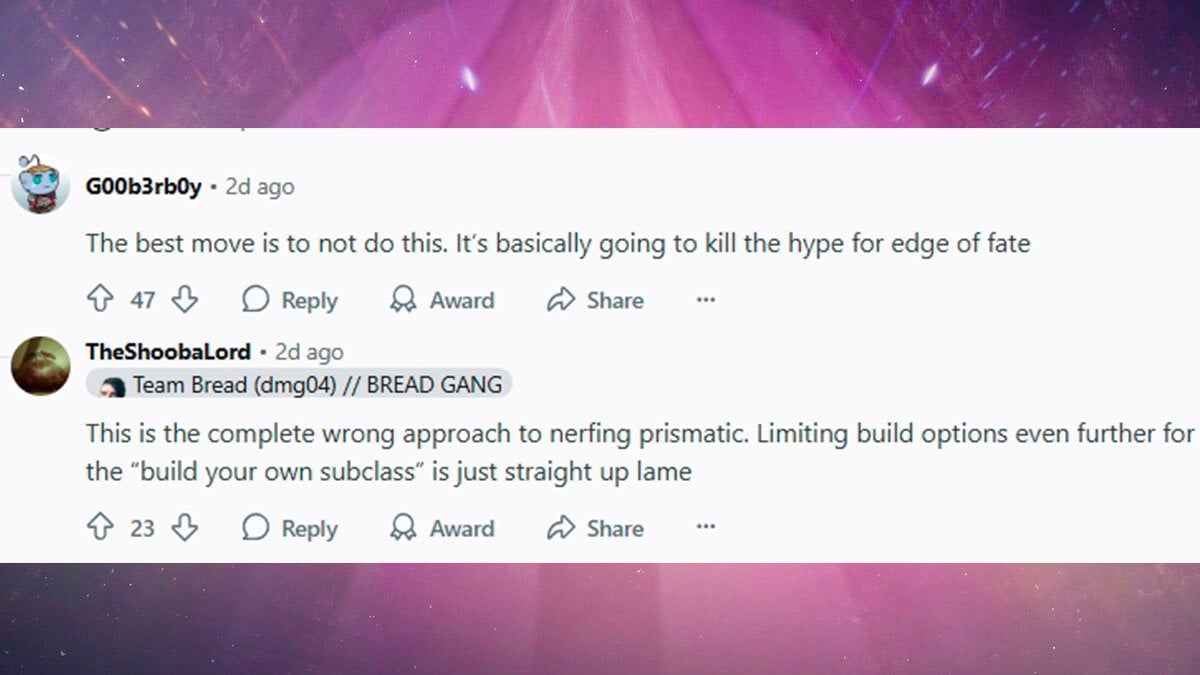 Destiny 2 community reacts to Edge of Fate Prismatic nerfs.