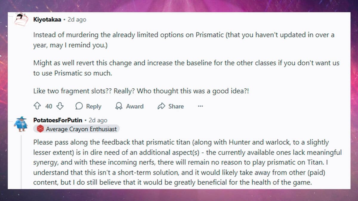 Destiny 2 community reacts to Edge of Fate Prismatic nerfs.