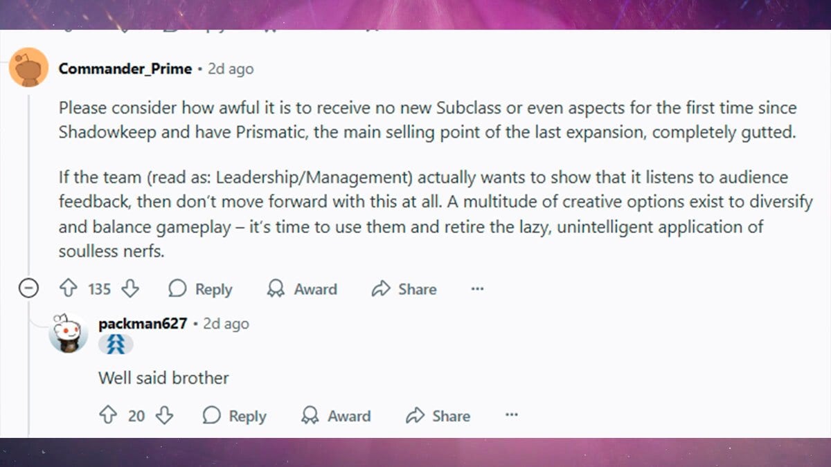 Destiny 2 community reacts to Edge of Fate Prismatic nerfs.