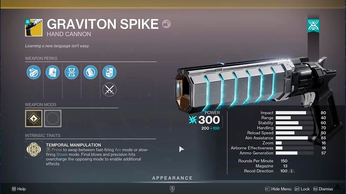 Graviton Spike Exotic Hand Cannon from Edge of Fate: Stats and Perks.