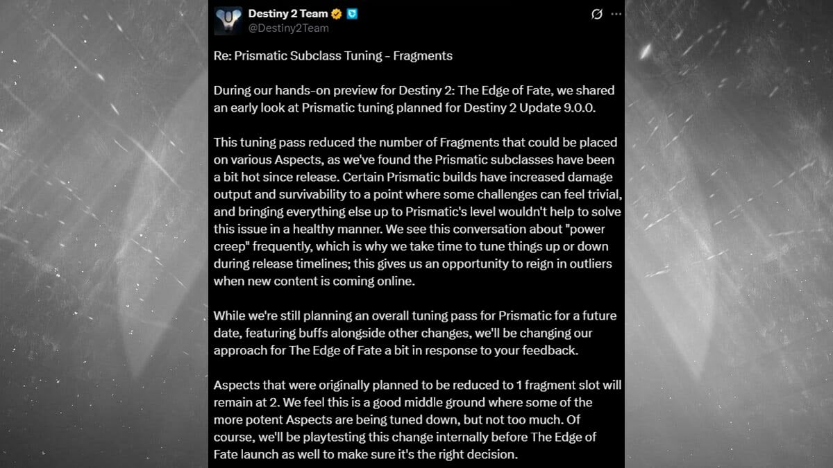Destiny 2 Team response to a community backlash to the Edge of Fate Prismatic nerfs.
