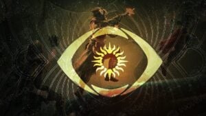Trials of Osiris logo in Destiny 2, behind are a Hunter, a Warlock, and a Titan.