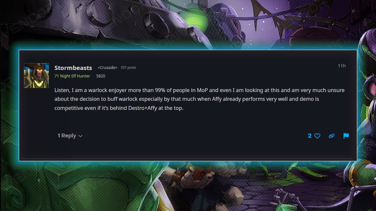 Forum post by user Stormbeasts discussing MoP Classic balance changes, questioning the decision to buff Warlock specs—Affliction, Demonology, and Destruction performance.