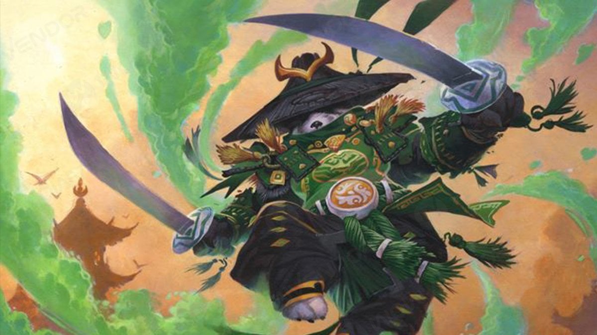 A pandaren monk character, equipped with two sabers, floating in the air.