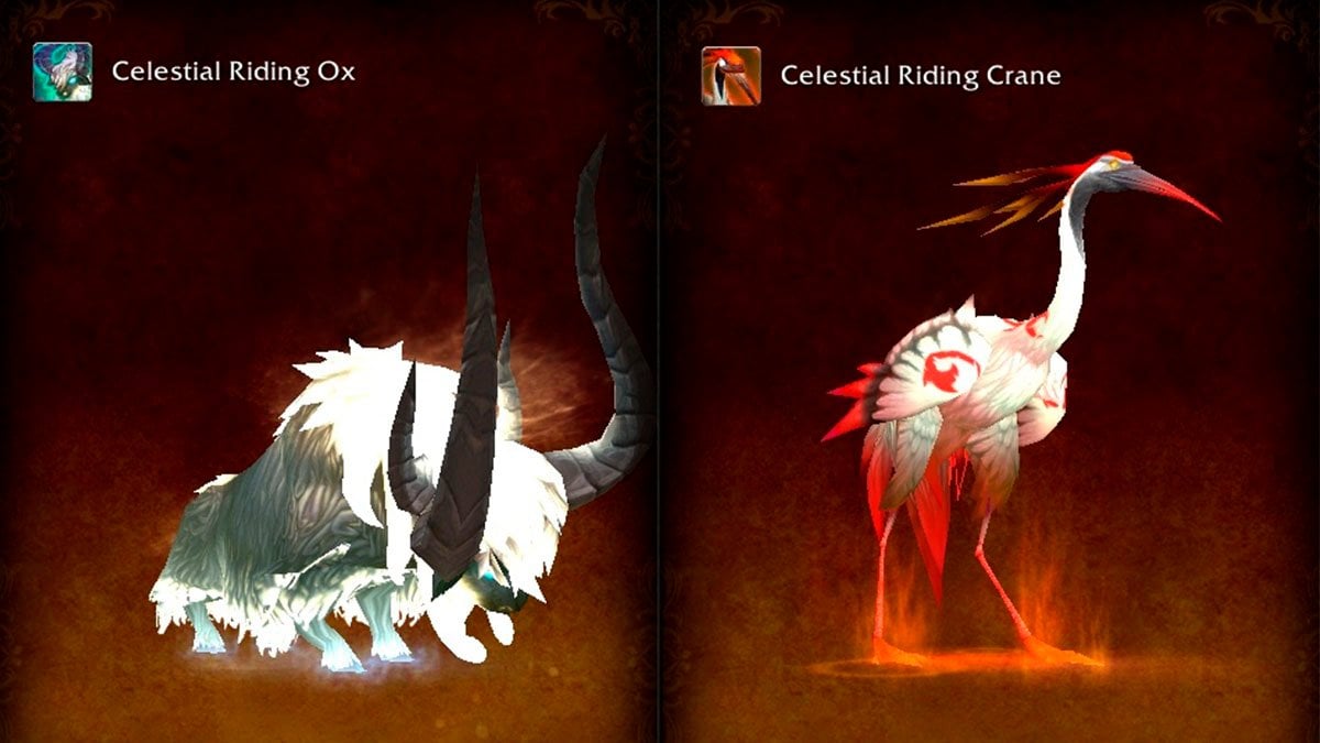 Celestial Riding Ox and Celestial Riding Crane in MoP Classic.