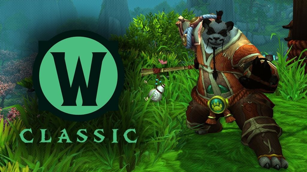 A pandaren in a fighting stance with a MoP Classic logo.