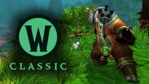 A pandaren in a fighting stance with a MoP Classic logo.