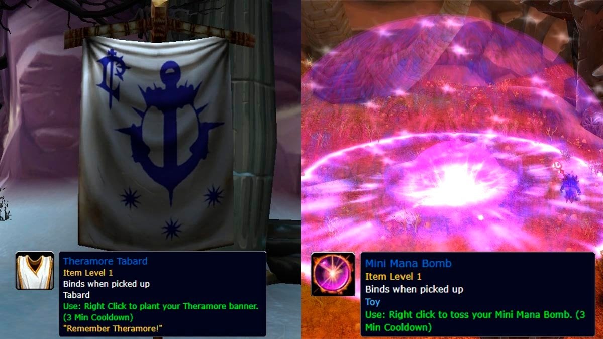 Theramore Tabard and the Mini Mana Bomb as a rewards for Theramore's Fall in WoW MoP Classuc Pre-patch.