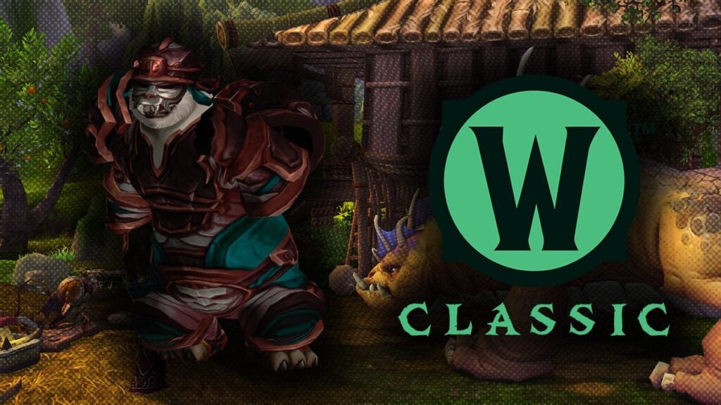 A smiling Pandaren wearing ornate samurai-style armor, standing proudly beside the World of Warcraft: Mists of Pandaria Classic logo.