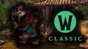 A smiling Pandaren wearing ornate samurai-style armor, standing proudly beside the World of Warcraft: Mists of Pandaria Classic logo.