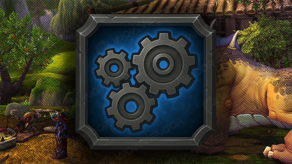 A vibrant gear icon on top of MoP Classic background.