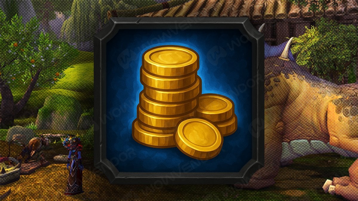 Things to do before Mists of Pandaria Classic – A stack of gold coins icon centered on a vibrant Pandaria-themed background, symbolizing economic preparation and gold farming.