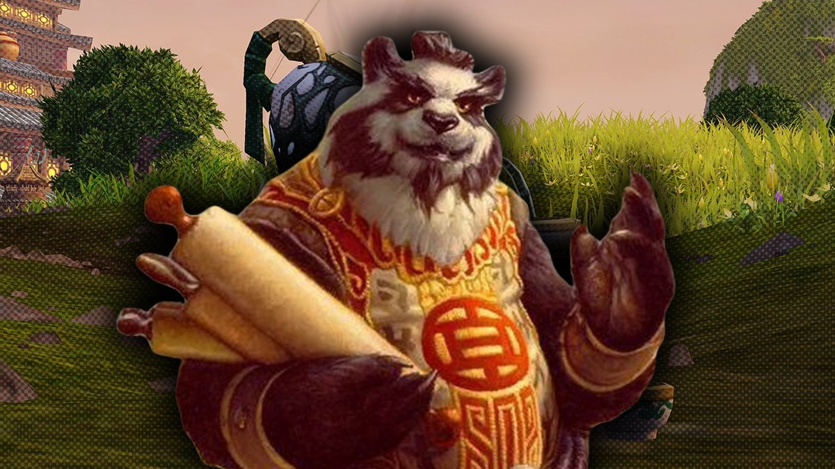 Lorewalker Cho Hearthstone art cropped and placed on top of MoP Classic background.