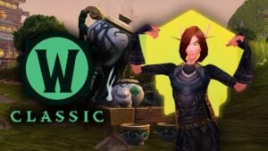 Blood Elf character flexing her arms, while showing MoP Classic Leveling example.