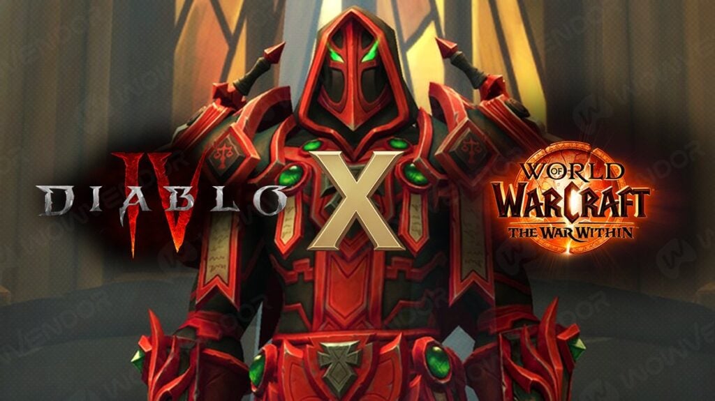 Greedy Emissary event promotional art with Diablo 4 x WoW: The War Within logos.