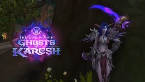 A Night Elf in it's racial attire leaning on a tree.