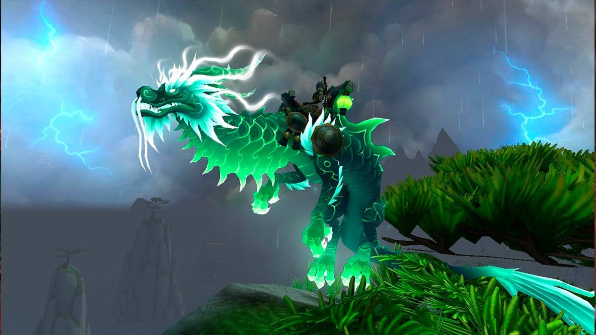 WoW Yu'lei, Daughter of Jade flying mount: Green dragon from Pandaria with a rider in stormy weather.