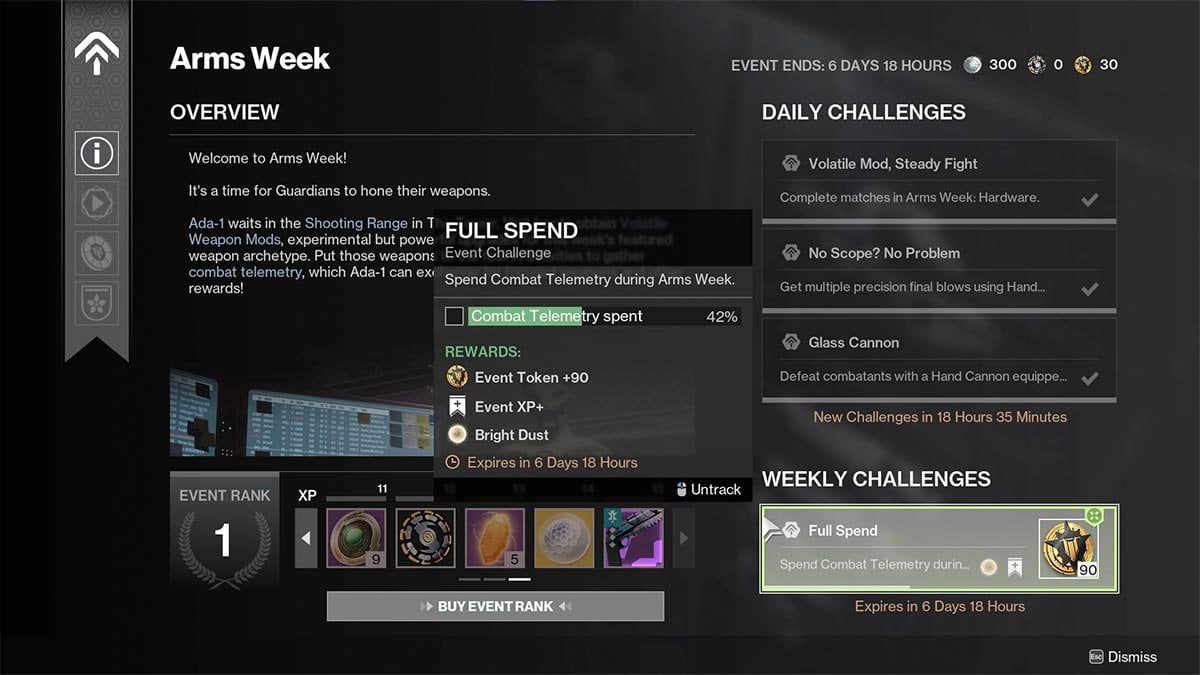 Arms Week main screen overview.