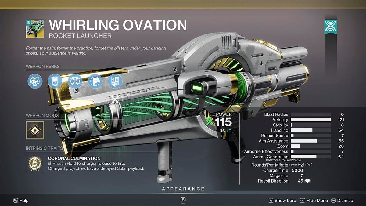 Whirling Ovation Exotic Rocket Launcher stats.