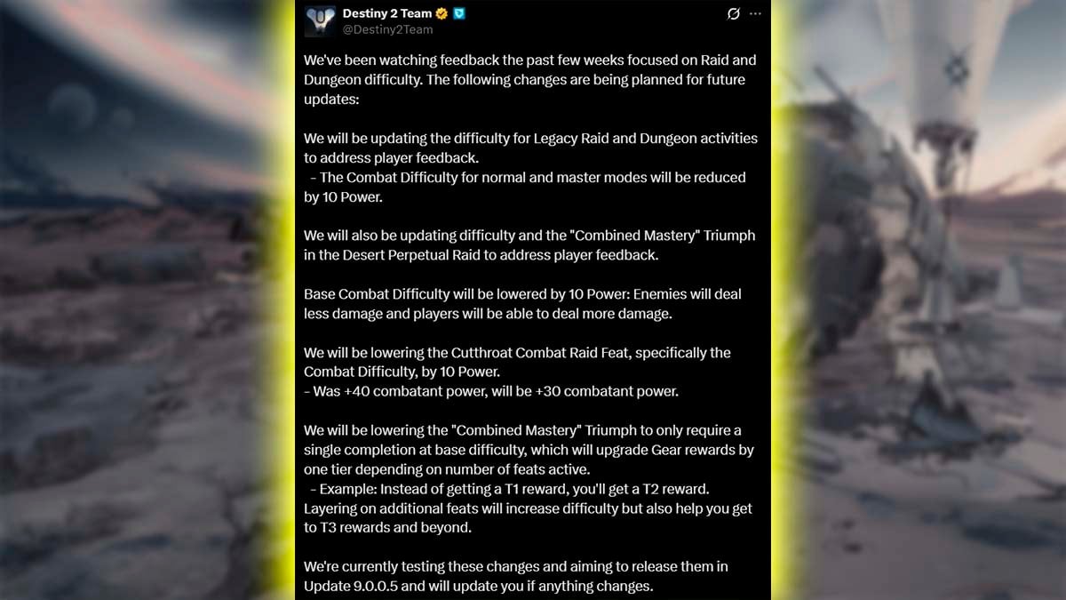 Bungie is announcing Desert Perpetual raid nerfs on Twitter.