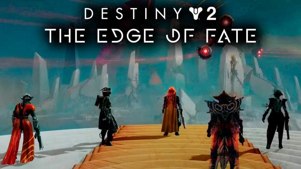 Guardians standing before The Edge of Fate raid entrance.