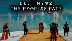 Guardians standing before The Edge of Fate raid entrance.