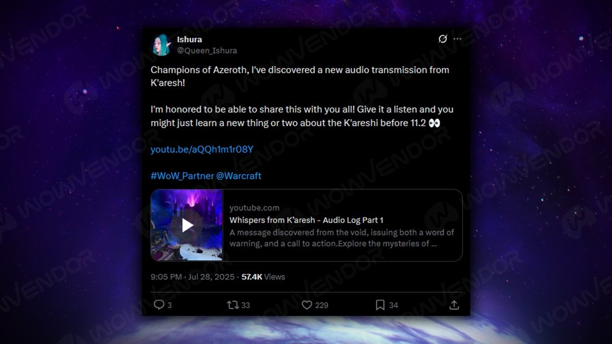 Ishura X post regarding new TWW patch 11.2 audio log.