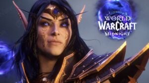 Xal'atath from Midnight cinematic with a WoW Midnight expansion logo.