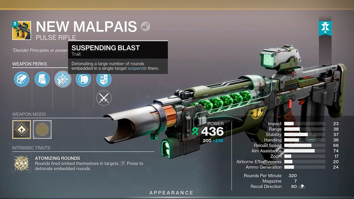 New Malpais Exotic Traits and stats in Destiny 2.