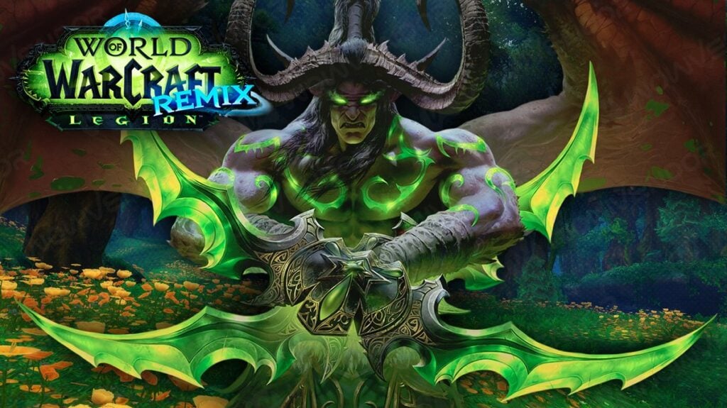 Illidan with Legion Remix logo with a lively forest background.