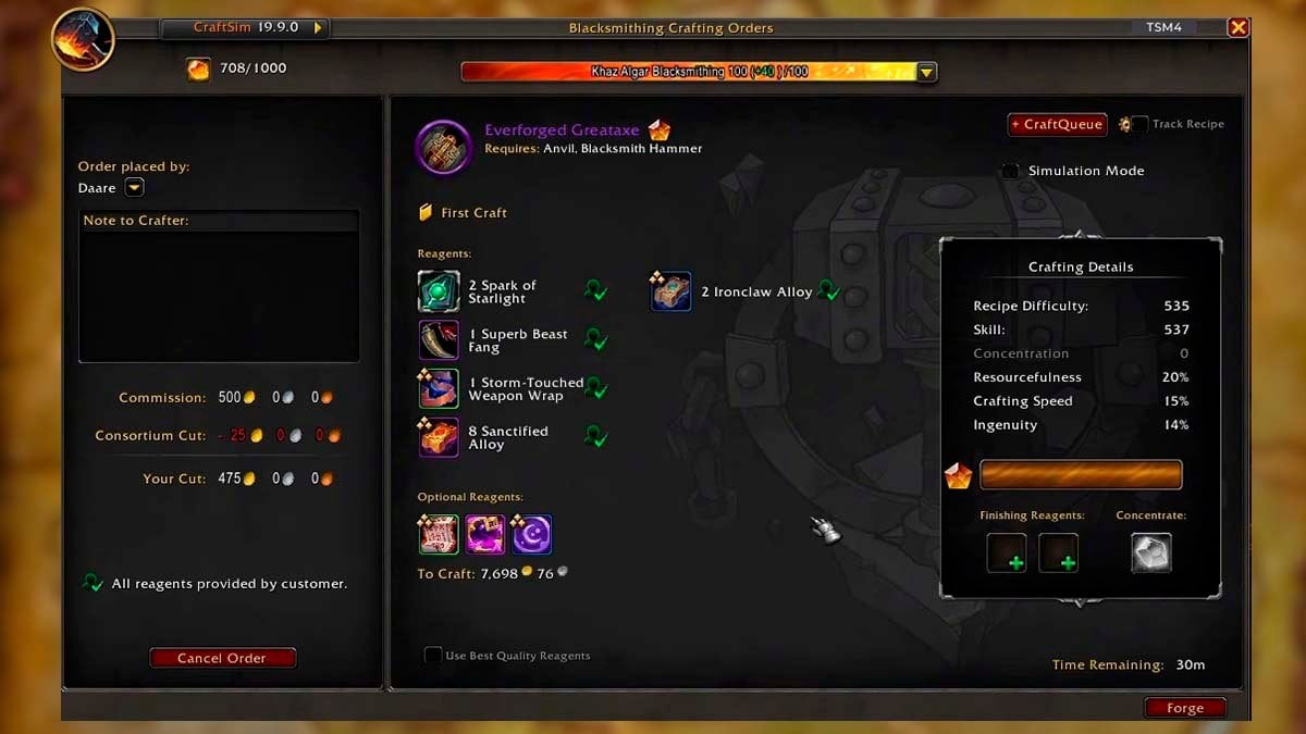 WoW Gear Crafting Order.