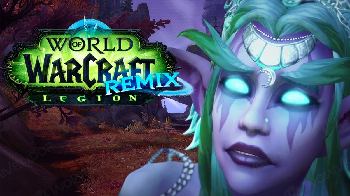 Tyrande being sad with Legion Remix logo.