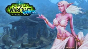 Queen Azshara in her Night Elf form next to ruins of Nar'thalas Academy.