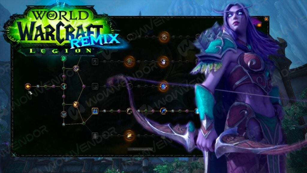 Night Elf huntress next to the Artifact Weapon's talent screen.