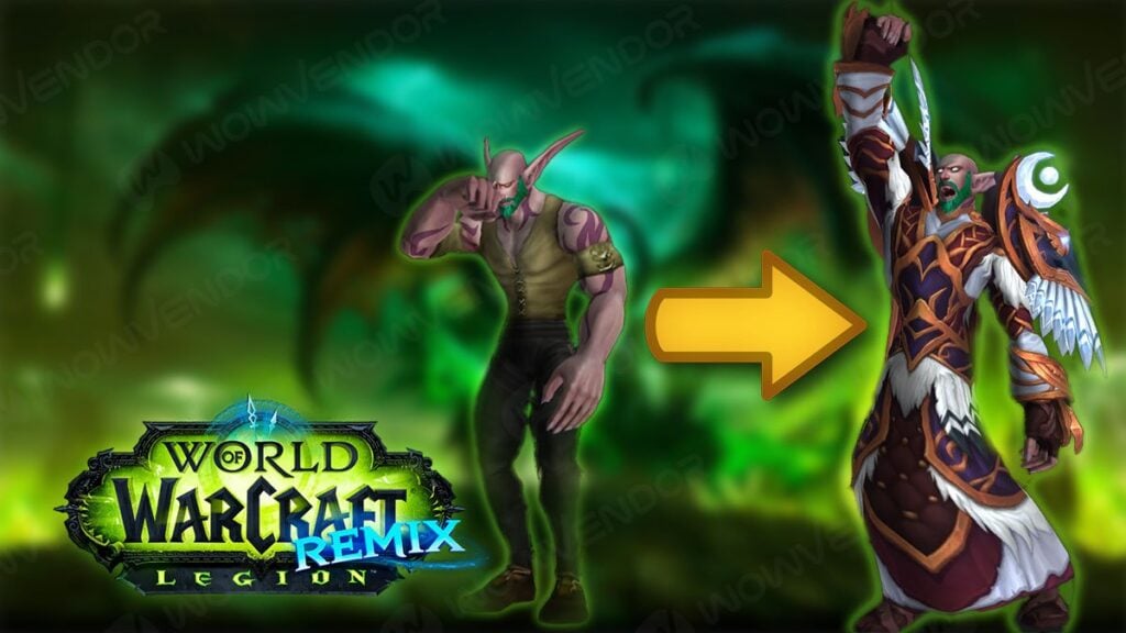 Night elf wearing low-level gear next to Night elf wearing a full Epic gear set in Legion Remix.