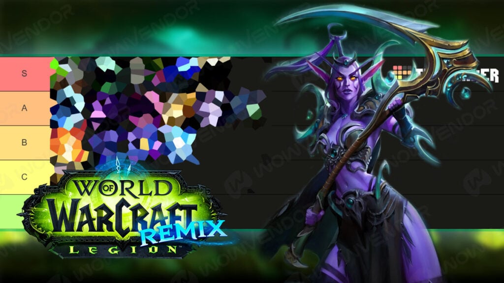 A blurred Artifact talents tier list next to Druid with the Scythe of Elune Artifact weapon.
