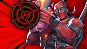 Marvel Rivals Deadpool holding out a plush toy with a crosshair on.