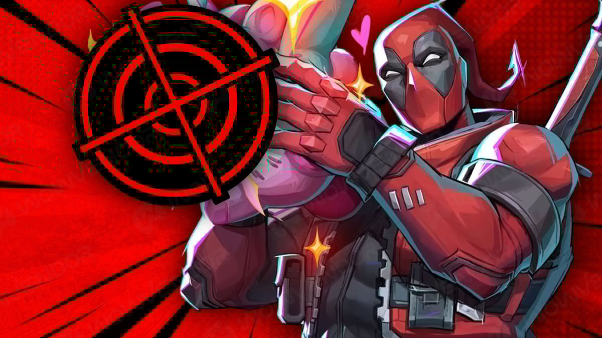Marvel Rivals Deadpool holding out a plush toy with a crosshair on.