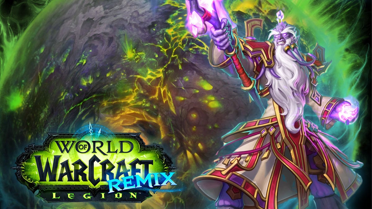 Prophet Velen next to Legion Remix logo with planet Argus in background.